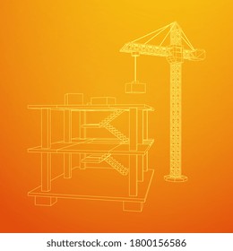 Building under construction with crane. Build house construct in process. Wireframe low poly mesh vector illustration