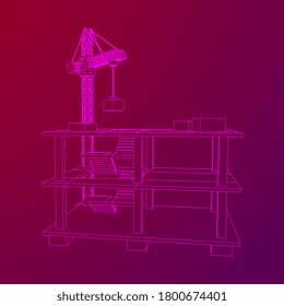 Edificio en construcción con grúa. Construir la construcción de la casa en proceso. Ilustración vectorial de malla baja de malla de alambre