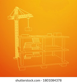 Building under construction with crane. Build house construct in process. Wireframe low poly mesh vector illustration