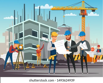 Building under construction flat illustration. Foreman and architects discussing architectural project, builders on construction site cartoon characters. Engineers showing blueprint