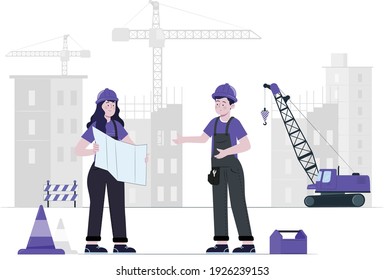 Building under construction flat illustration. Foreman and architect discussing architectural project, builders on construction site cartoon characters. Engineers showing blueprint. 