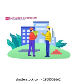 Building under construction flat illustration. Foreman and architects discussing architectural project, builders on construction site cartoon characters. Engineers showing blueprint