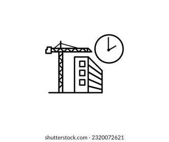 Building under construction icon with time, crane line icon
