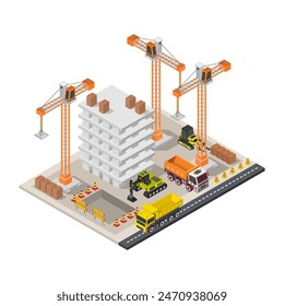 Building under construction isometric illustrated on white background