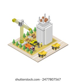 Building under construction isometric illustrated on white background