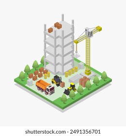 Building under construction isometric illustrated on background