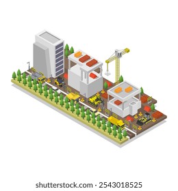 Building under construction isometric illustrated on white background