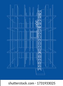 Building under construction with a mast lifts outline. Vector rendering of 3d. Wire-frame style. The layers of visible and invisible lines are separated