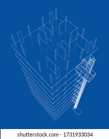 Building under construction with a mast lifts outline. Vector rendering of 3d. Wire-frame style. The layers of visible and invisible lines are separated