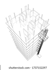 Building under construction with a mast lifts outline. Vector rendering of 3d. Wire-frame style. The layers of visible and invisible lines are separated