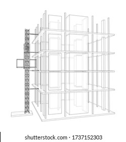 Building under construction with a mast lifts outline. Vector rendering of 3d. Wire-frame style. The layers of visible and invisible lines are separated