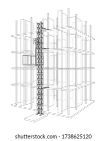 Building under construction with a mast lifts outline. Vector rendering of 3d. Wire-frame style. The layers of visible and invisible lines are separated