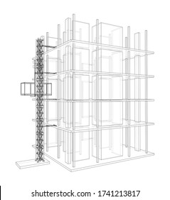 Building under construction with a mast lifts outline. Vector rendering of 3d. Wire-frame style. The layers of visible and invisible lines are separated