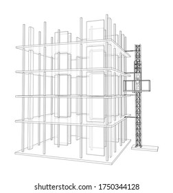 Building under construction with a mast lifts outline. Vector rendering of 3d. Wire-frame style. The layers of visible and invisible lines are separated