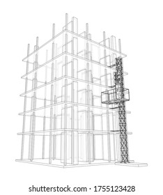 Building under construction with a mast lifts outline. Vector rendering of 3d. Wire-frame style. The layers of visible and invisible lines are separated