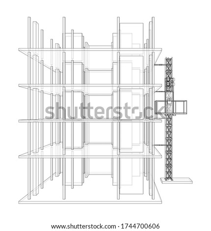 Building under construction with a mast lifts outline. Vector rendering of 3d. Wire-frame style. The layers of visible and invisible lines are separated