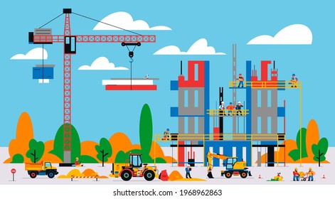 The building is under construction. The process of work of builders at a construction site. Transport, equipment, builders, crane, tools, building site, concrete mixer, foreman. Vector illustration.