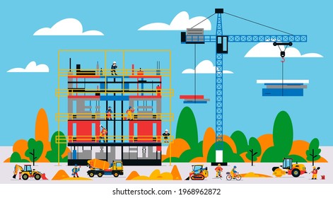 The building is under construction. The process of work of builders at a construction site. Transport, equipment, builders, crane, tools, building site, concrete mixer, cyclist. Vector illustration.