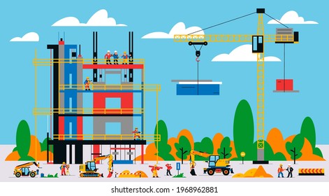 The building is under construction. The process of work of builders at a construction site. Transport, equipment, builders, crane, tools, building site, telehandler, foreman. Vector illustration.