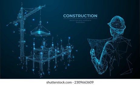 Building under Construction site. Architect Holding Blueprints near Construction. New Building. Man with Project in Helmet. Crane Constructing House. Abstract polygonal wireframe vector illustration.