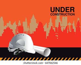 Building under Construction site, blueprints , vector background, Hat engineer