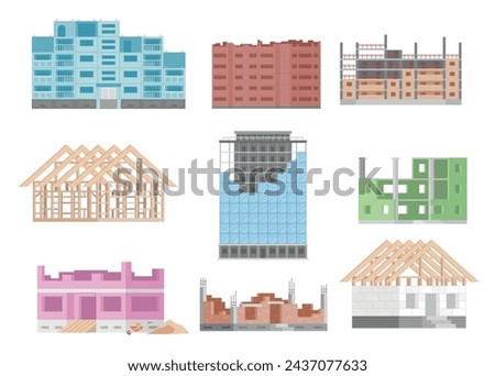 Building under construction site house frame industrial structure set isometric vector illustration. Architecture industry urban multi storey cottage villa home exterior constructing built process