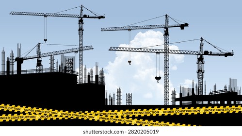 Building Under Construction Vector Template. Modern Construction Site Illustration with Crane, Unfinished Building, Scaffolding, Safety Elements. Industrial Architecture Concept for Banners, Posters.