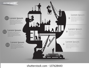 Building under construction with workers in sIlhouette of a head, Vector illustration template design