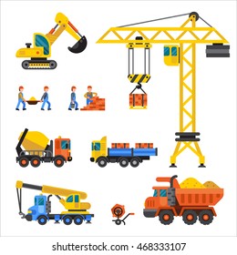 Building under construction, workers and construction technic vector illustration