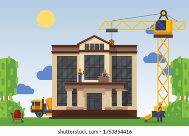 Building under construction with workers, vector illustration. Construction home public building, use special equipment tower crane and concrete mixer. Man in uniform and hard hat work at facility.