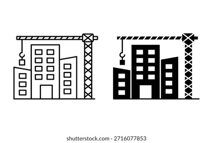 Edificio bajo construcción de grúa icono Vector. Icono de Vector blanco y negro de la obra de construcción con grúa y edificio en desarrollo