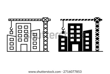 building under crane construction icon vector. Black and white vector icon of construction site with crane and building under development