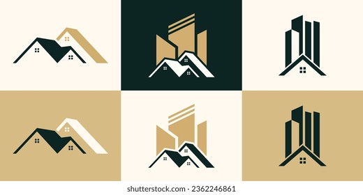 conjunto de logotipos únicos de construcción , moderno, concepto , inmobiliario, Vector Premium