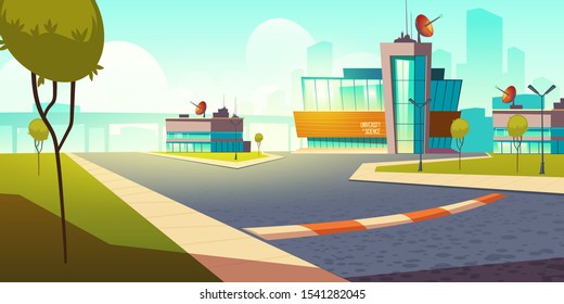 Building University of Science. College campus graduate school exterior educational institution with huge glass windows and satellite antenna on summer landscape background Cartoon vector illustration