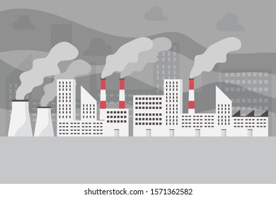building urban air pollution, industry pollutant, toxic fume road smoke clouds city, industrial smog, pm 2.5, polluted environment, carbon dioxide, cartoon flat vector illustration.