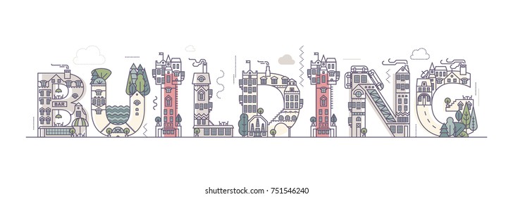 Building. Urban alphabet of the urban landscape using elements of architecture and plants. 