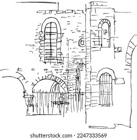 The building is used as a museum and is located in the S. Nicola square. Sketch of Portico dei Pellegrini, Plaza San Nicola, City of Bari, Italy