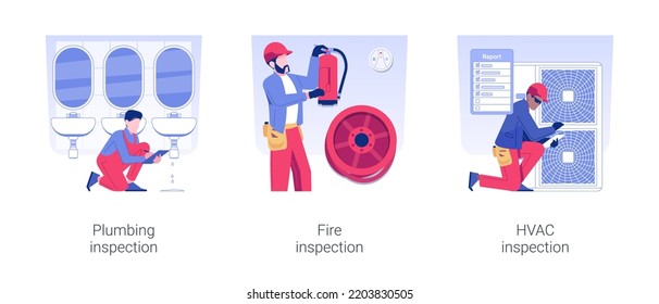 Building utilities inspections isolated concept vector illustration set. Plumbing and fire inspection, checking heating and cooling systems, circulation and ventilation maintenance vector cartoon.