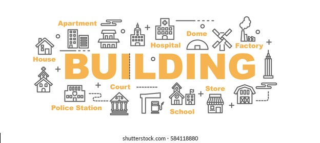 building vector banner design concept, flat style with thin line art icons on white background