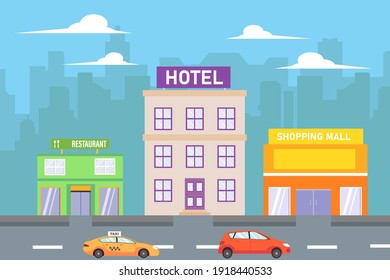 Building vector concept: The buildings of restaurant hotel and shopping mall with transportation on the road