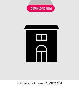 Building Vector Icon, The black building with double door and window above symbol. Simple, modern flat vector illustration for mobile app, website or desktop app  