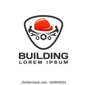 Building vector icon. Construction helmet vector icon. Engineering, Architecture Logo. House repair logo. Tools icon. Repairs house sign. Home improvement icon.