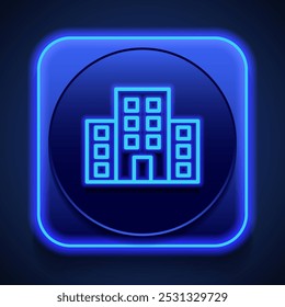 Building vector icon. Flat design. Blue neon style on button. With shadow.ai