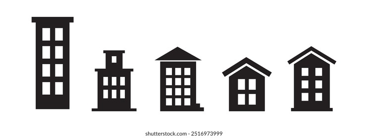 Construindo ícone de vetor conjunto plano. Casa e edifício isolado Preto e branco cor. Ilustração vetorial