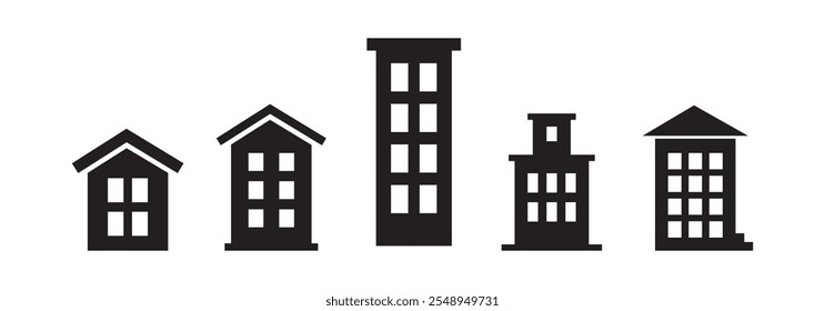 Building vector icon flat Set. House and building isolated Black and white colour. Vector illustration
