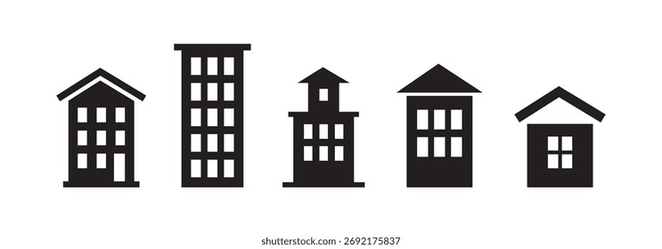 Building vector icon flat Set. House and building isolated Black and white colour. Vector illustration
