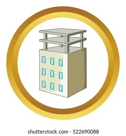 Building vector icon in golden circle, cartoon style isolated on white background