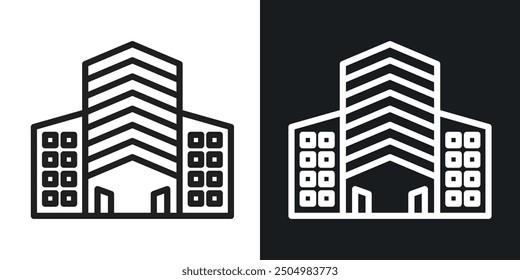 Building vector icon set black and white filled and outlined style.