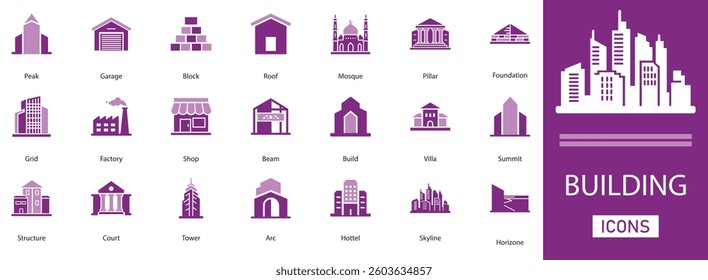 Building vector icon set. with  hotel, villa, shop, Build, Arc, factory and more filled icons. Solid illustration  