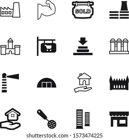 building vector icon set such as: shopping, ornamental, kitchen, finance, coast, mark, cafe, forged, label, history, environment, marine, palace, eat, advertisement, image, conceptual, ornaments